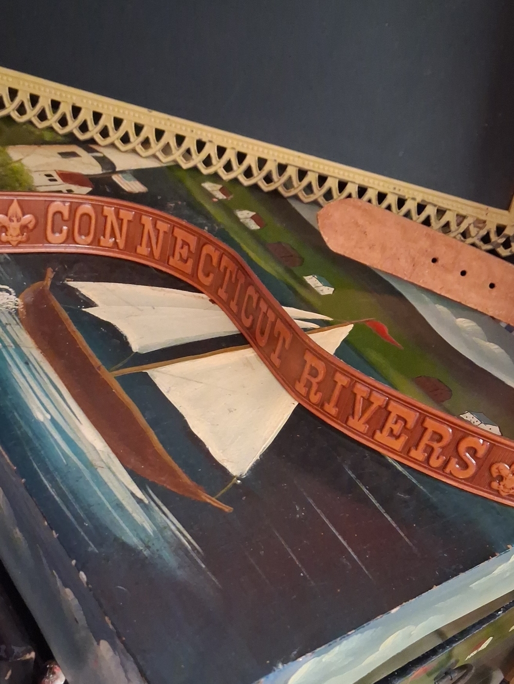 Vintage Connecticut Rivers Embossed Leather Belt - Tan